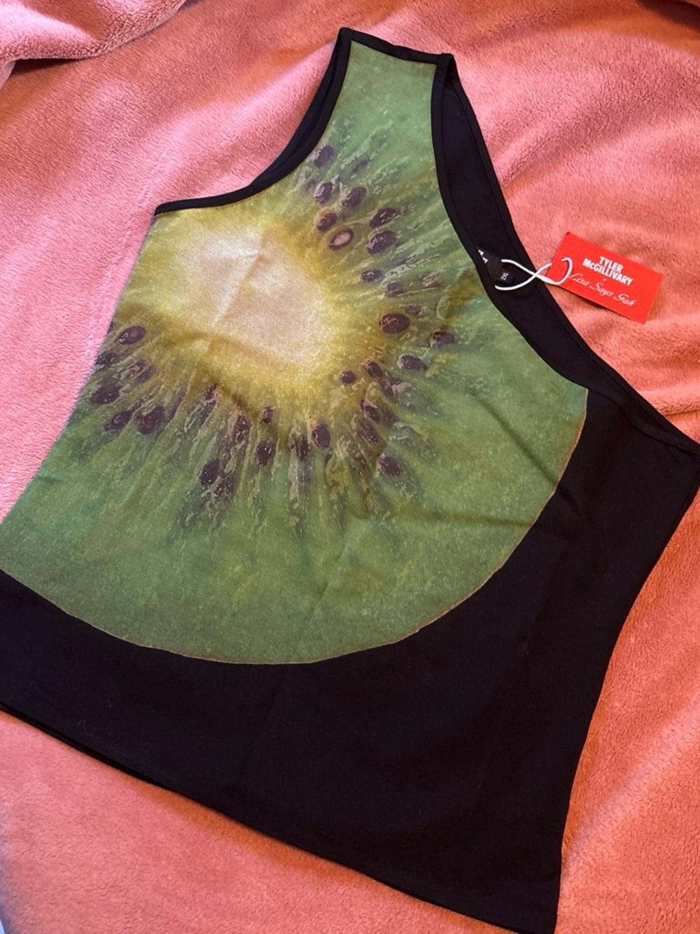 Lisa Says Gah Black One Shoulder Top with Green Kiwi Print
